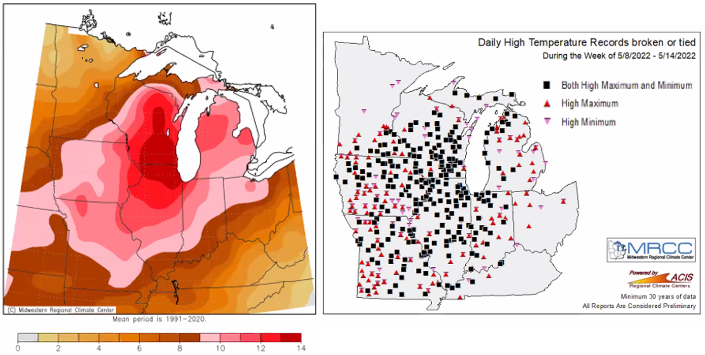 Average temperature departure from normal for May 11-17 (left) and daily maximum and minimum high temperature records broken from May 8-14 (right).